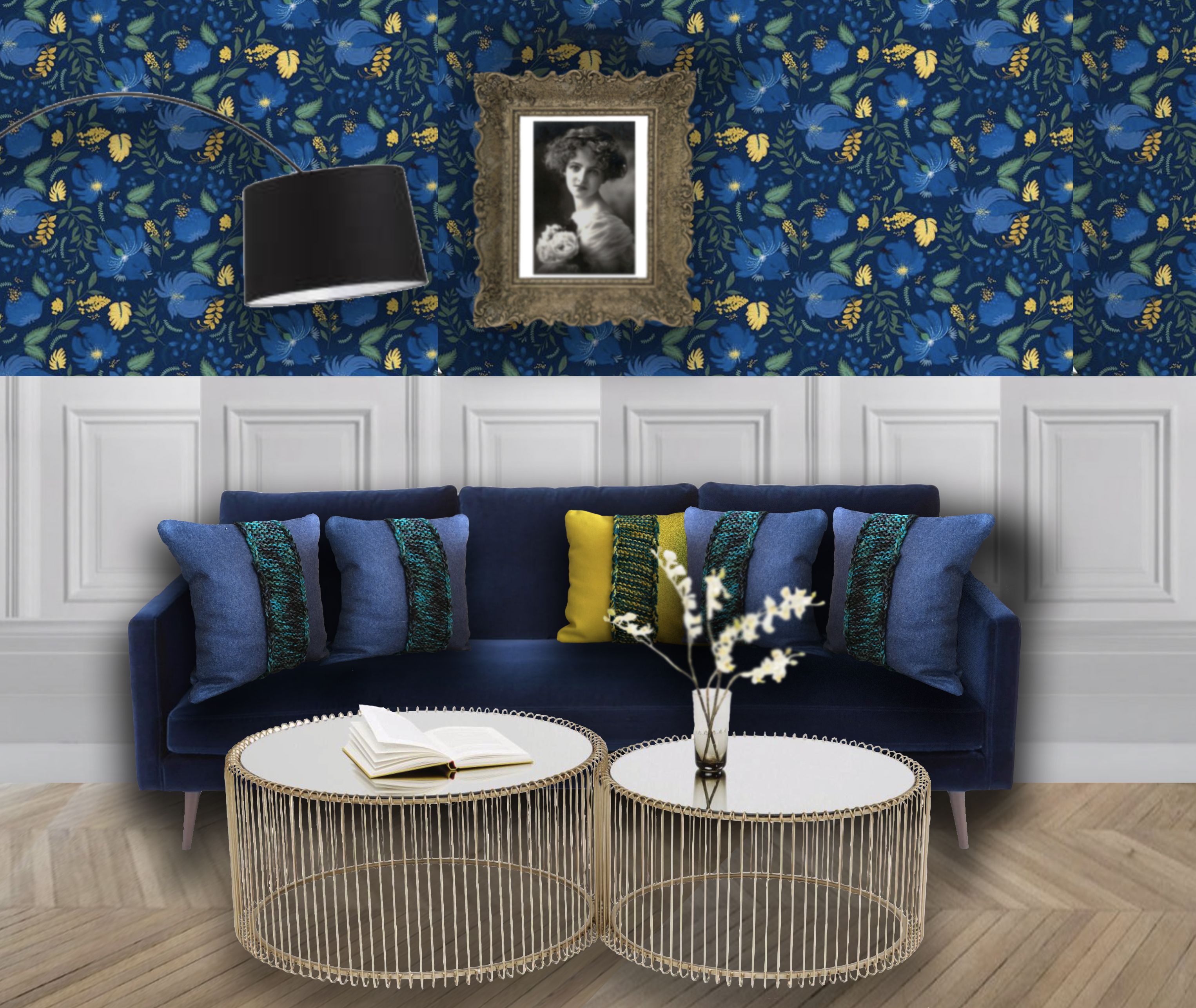 Coussin jaune et coussin bleu pour canapé bleu