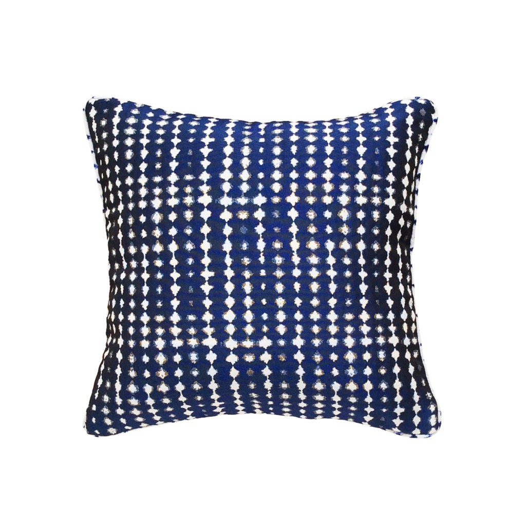 Coussin original design carre 40x40 motifs geometriques bleu indigo 