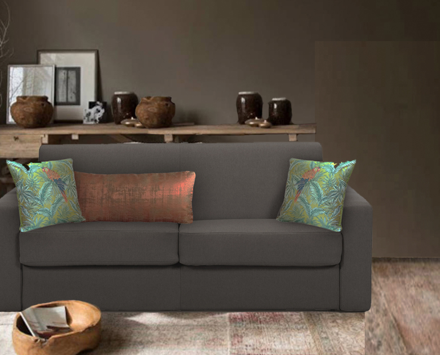 Coussins pour canapé taupe ambiance exotique perroquet et tropical