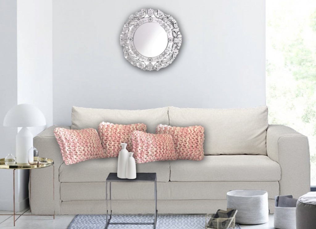 Coussin laine grosse maille rose et blanc romantique chic