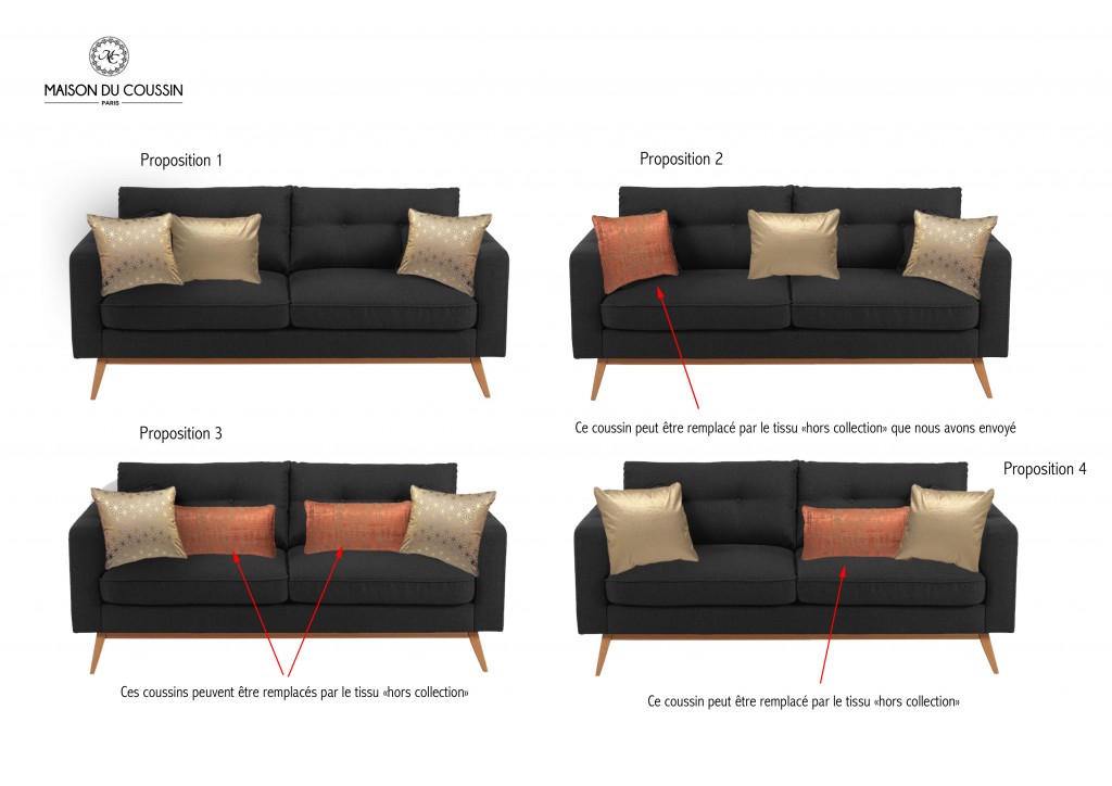 Coussin doré et coussin cuivré sur canapé gris foncé