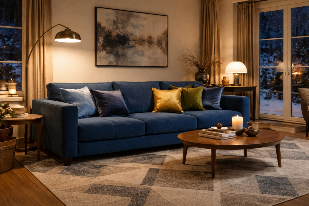 Coussins décoratifs en velours sur canapé bleu, ambiance hivernale chaleureuse