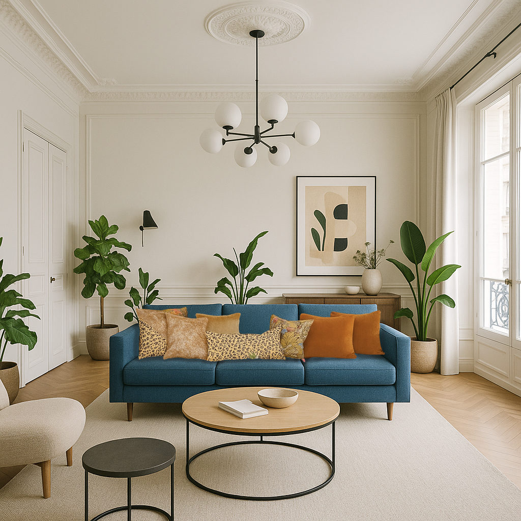 Quels coussins sur un canapé bleu