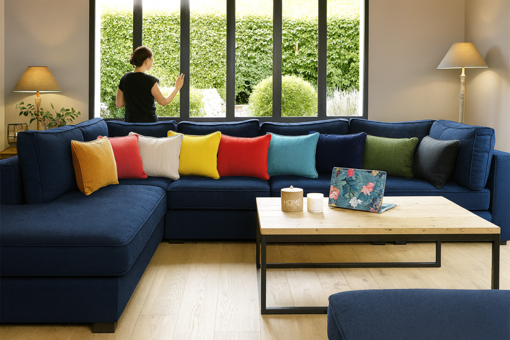 quels coussins sur canapé bleu