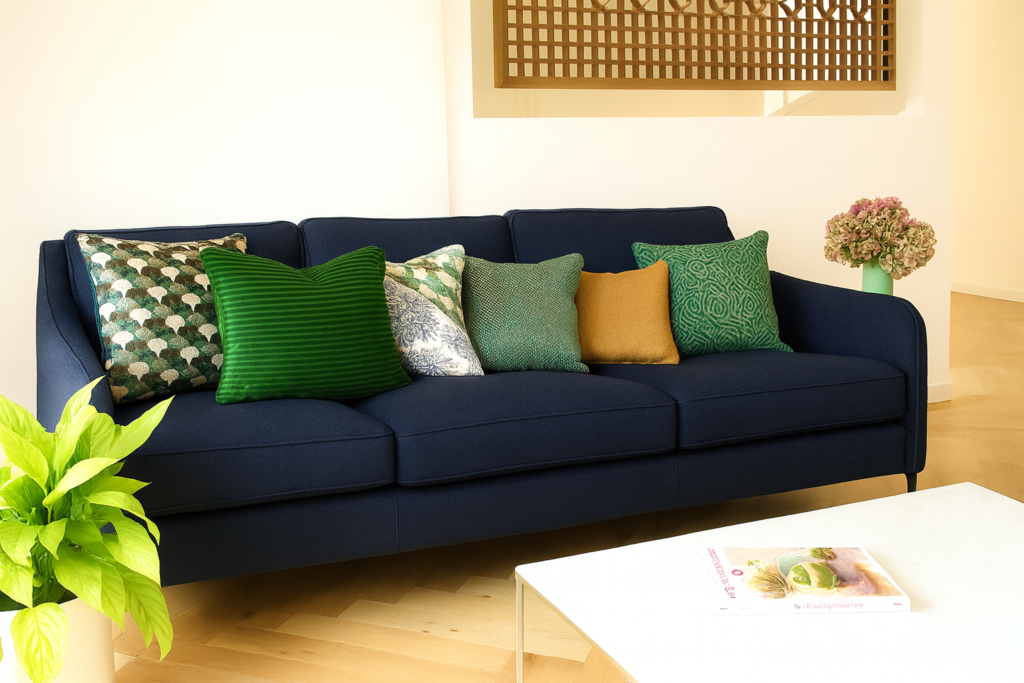 quels coussins sur un canapé bleu