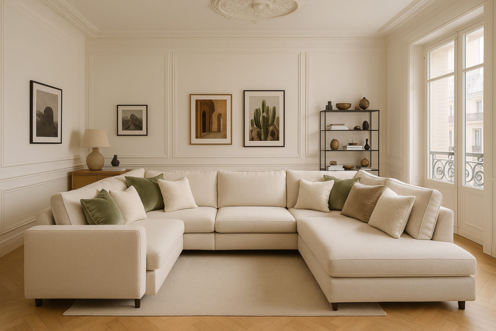 Coussins en velours côtelé beige et vert sauge sur canapé d’angle crème – décoration naturelle Maison du Coussin.