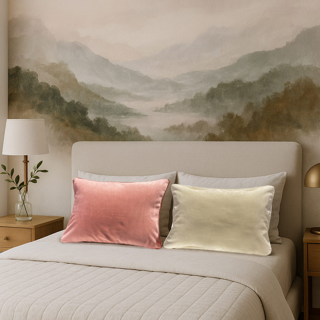 Coussins en velours rose poudré et beige clair sur lit – décoration chambre douce Maison du Coussin.