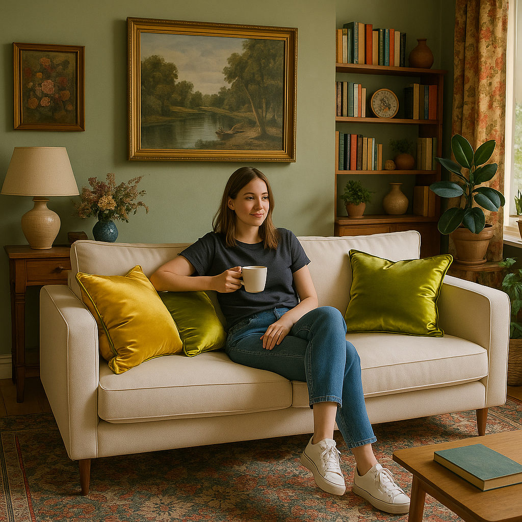 Coussins en velours satiné verts et dorés sur canapé beige clair – ambiance vintage Maison du Coussin.