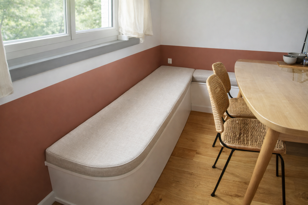 Coussin sur mesure pour banquette de cuisine et salle à manger, assise longue avec angles arrondis, tissu clair, réalisation Maison du Coussin.