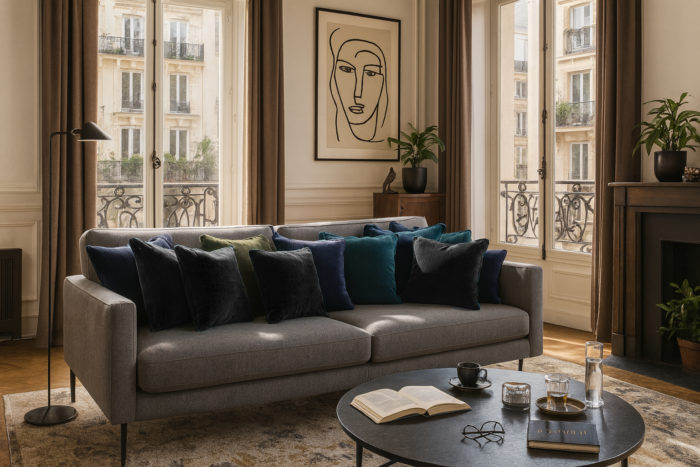 Idees de coussins à poser sur un canapé gris