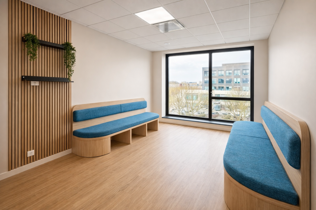 Coussins ur mesure et dossiers suspendus pour la salle d'attente d'un cabinet médical