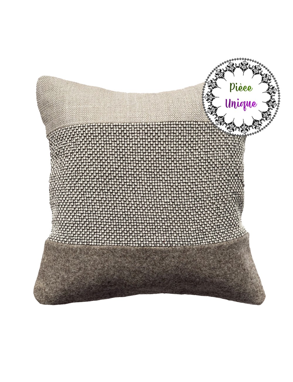 Coussin écru et taupe en laine et bouclette 40x40 cm