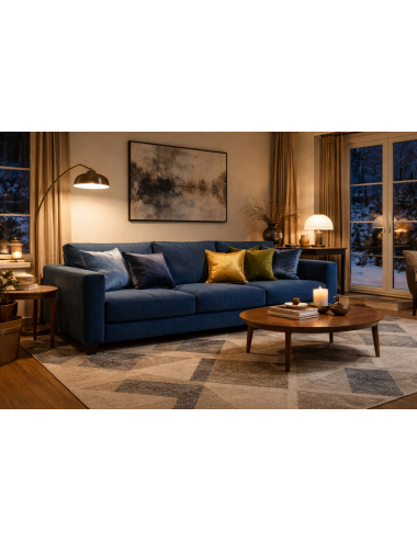 Coussins en velours sur canapé bleu