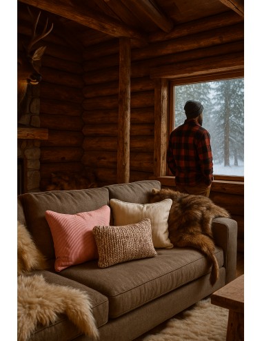 Coussin en laine tricoté à la main écru, rose et terracotta – Maison du Coussin