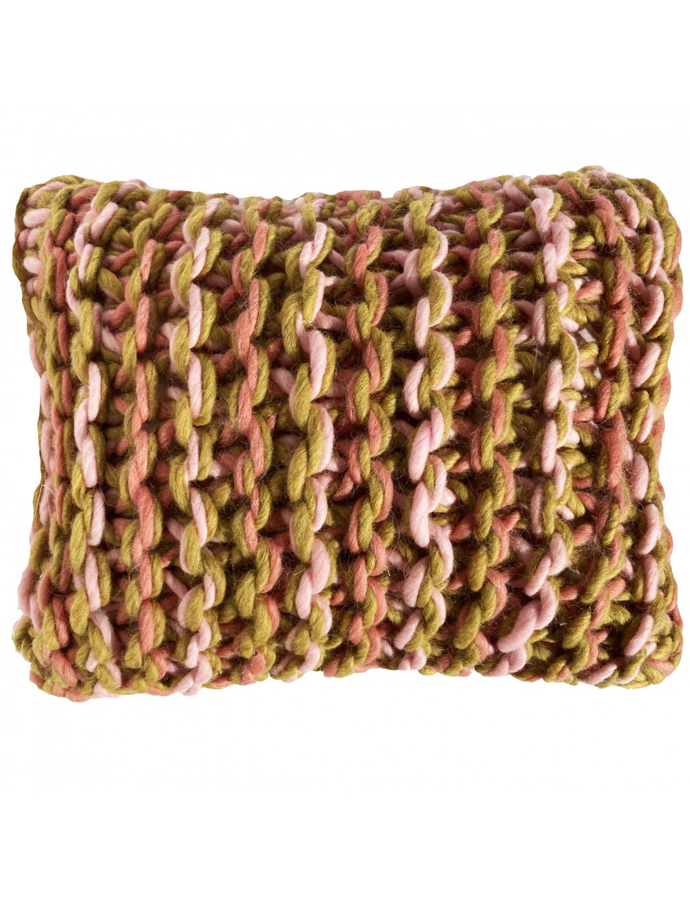 Coussin en laine rose et vert olive tricoté à la main – pièce unique Maison du Coussin