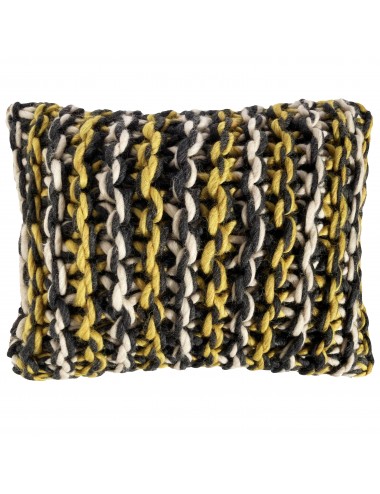 Coussin en laine mérinos gris et jaune tricoté à la main – pièce unique Maison du Coussin