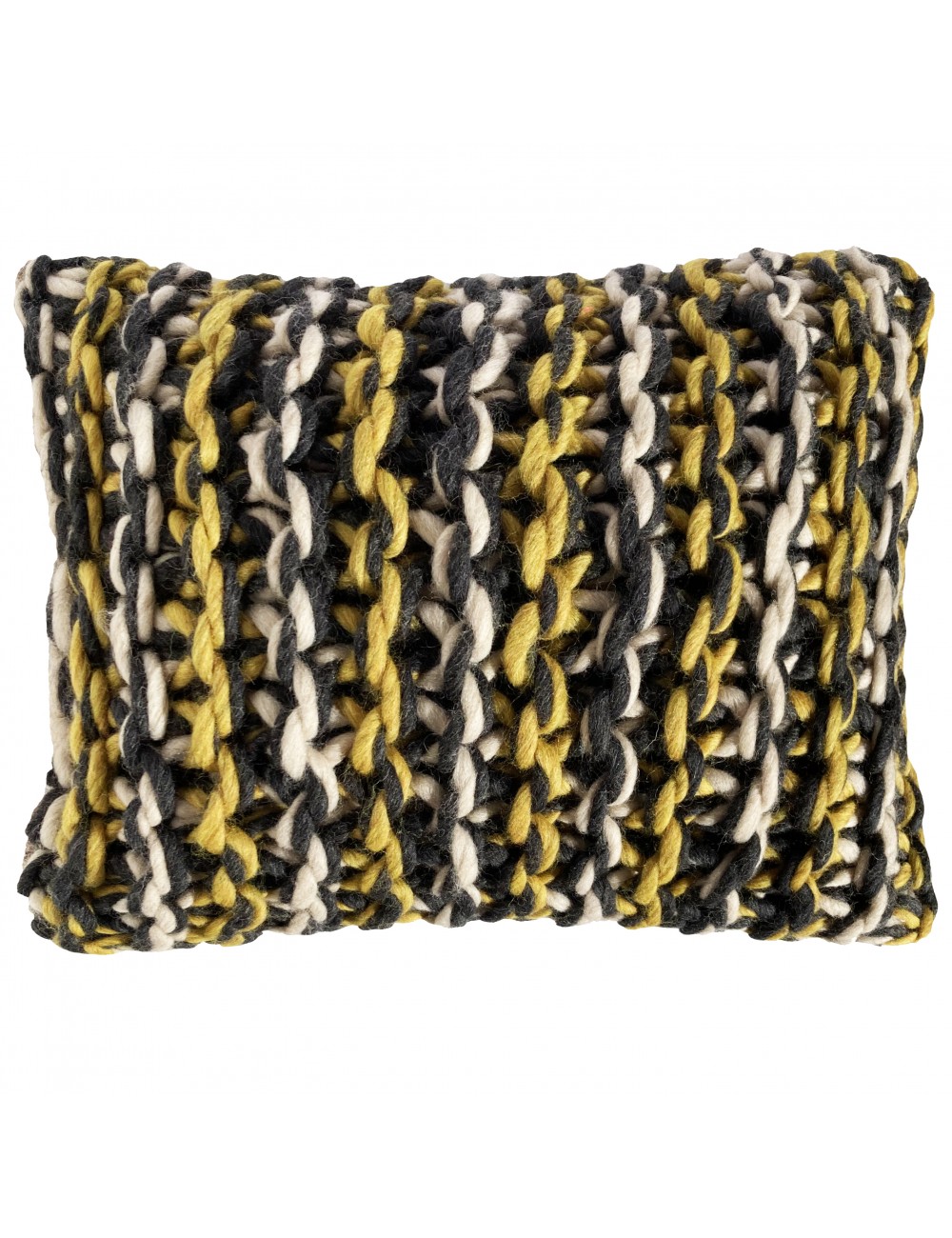 Coussin en laine mérinos gris et jaune tricoté à la main – pièce unique Maison du Coussin