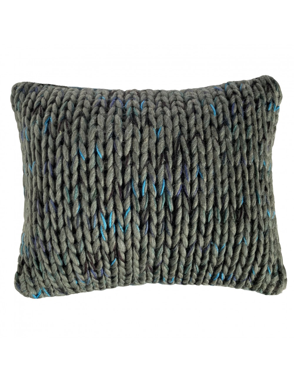 Coussin en laine mérinos vert de gris et bleu turquoise tricoté à la main – Maison du Coussin