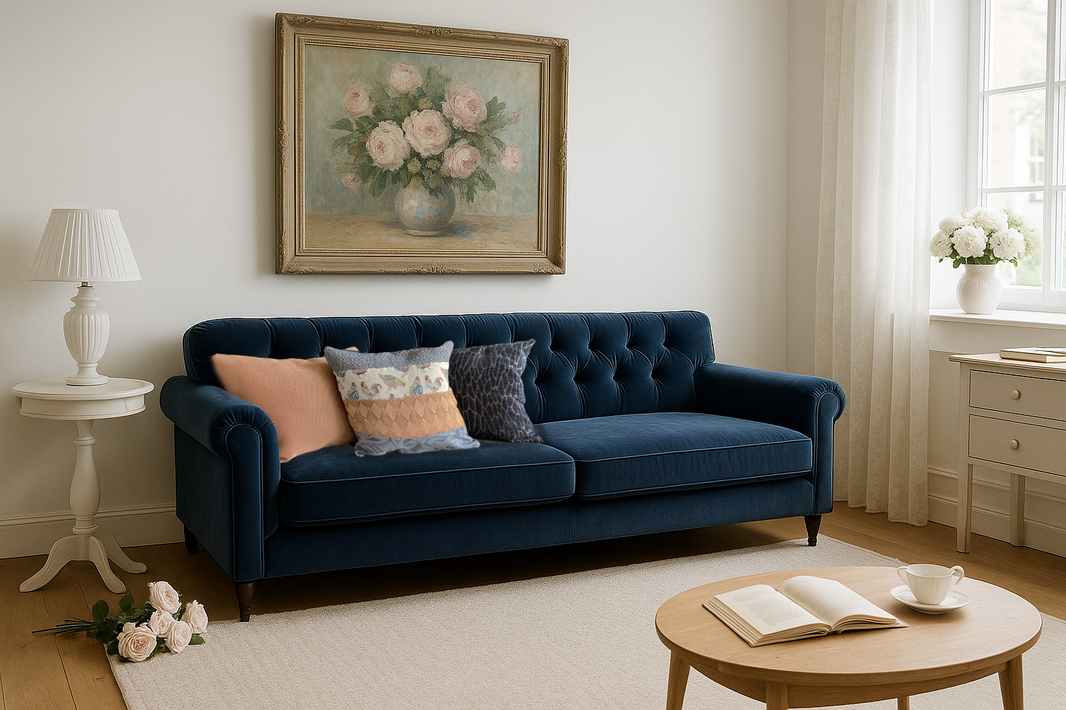 Coussin rose et bleu imprimé