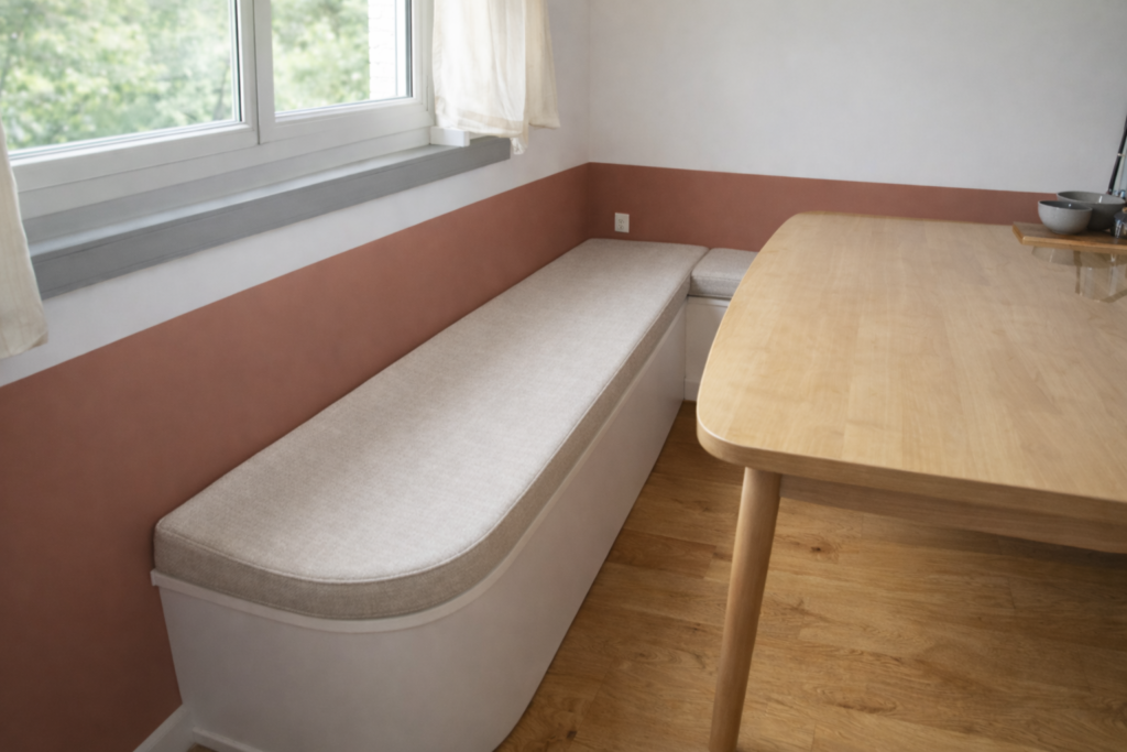 Coussin de banquette de cuisine sur mesure, assise intégrée le long d’un mur, tissu clair résistant, angles arrondis, fabrication française Maison du Coussin.