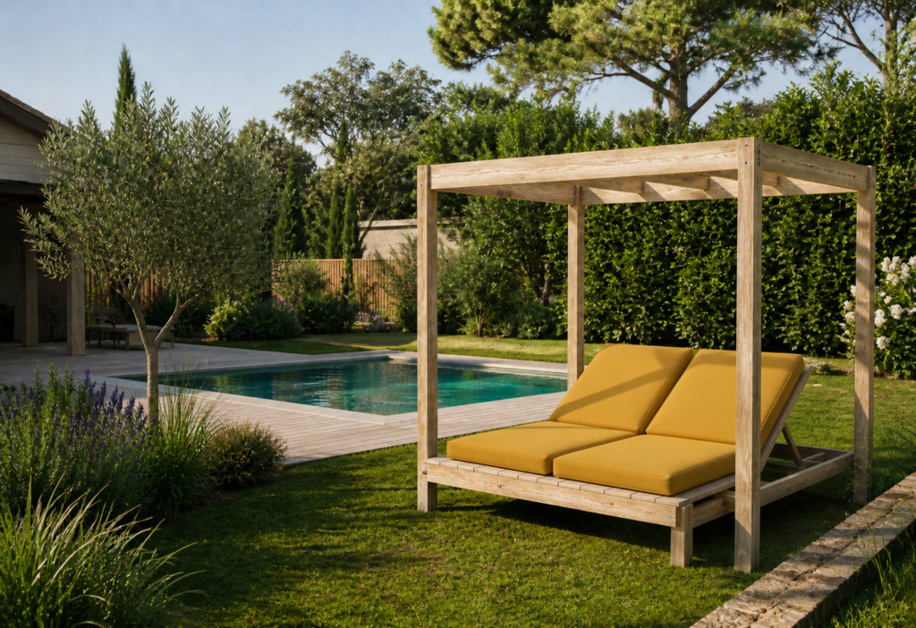 coussins bain de soleil sur mesure jaune moutarde extérieur jardin piscine