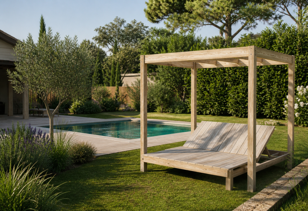 bain de soleil bois sans coussin extérieur jardin piscine