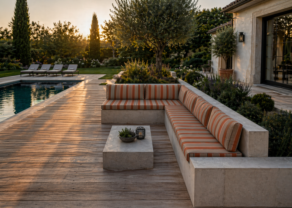 coussins banquette extérieure sur mesure rayures terracotta piscine haut de gamme