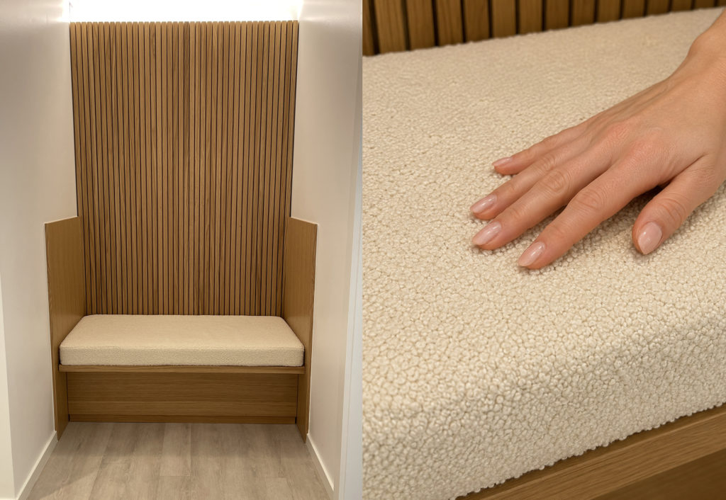 Coussin d’assise sur mesure en tissu bouclette écru pour salle d’attente chaleureuse de cabinet médical ou esthétique