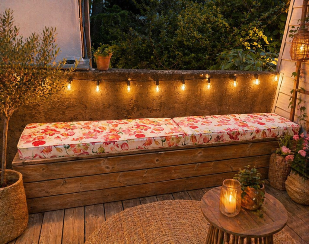 coussin extérieur sur mesure banquette bois ambiance chaleureuse terrasse