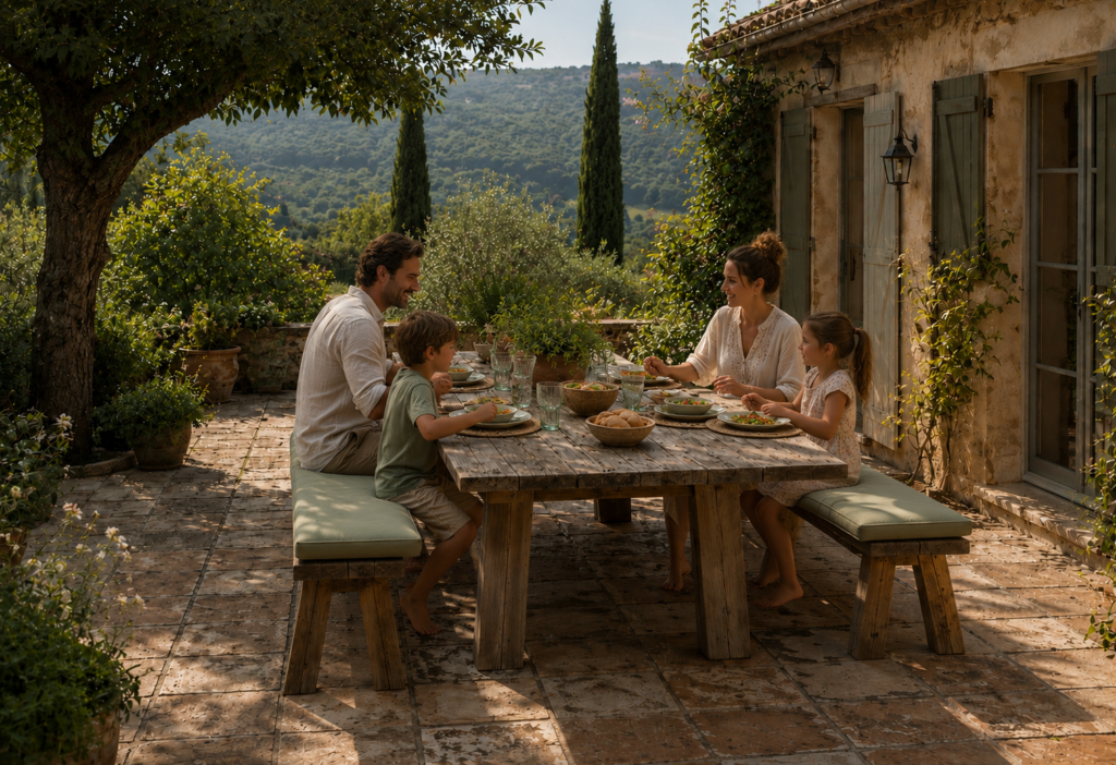 Coussins sur mesure pour bancs en bois extérieurs pour le confort d'un repas en famille
