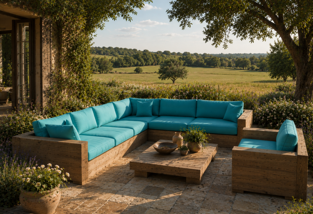 Banquette extérieure en bois avec coussins bleu turquoise sur mesure dans un jardin