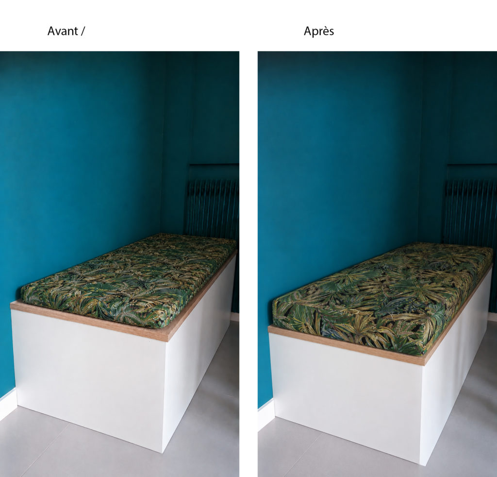 avant après banquette cuisine avec coussin sur mesure plus épais et confortable