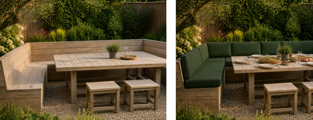 coussins sur mesure assises et dossiers pour banquette repas extérieure