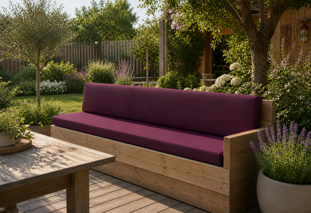 Banc extérieur bois avec coussin prune sur mesure autour d’une table de jardin