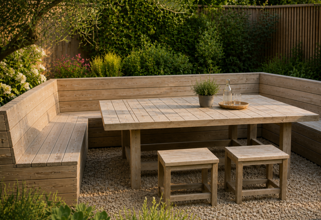 Banquette extérieure en bois sans coussins autour d’une table de repas extérieure