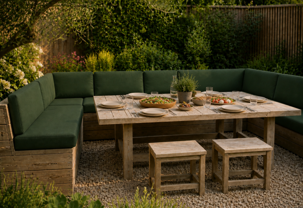Banquette extérieure avec coussins vert amande sur mesure autour d’une table de jardin