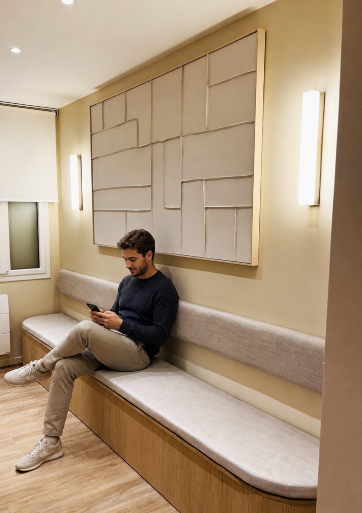 Homme assis sur une banquette sur mesure confortable dans une salle d’attente chaleureuse aux tons beiges et bois clair, consultant son téléphone dans un cabinet moderne.