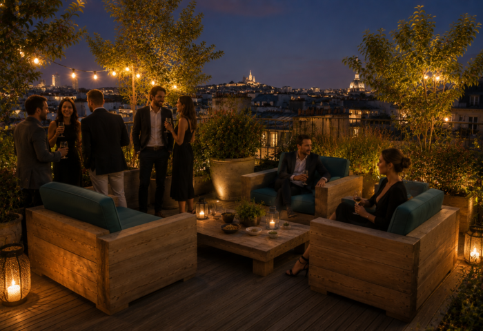 Coussins extérieurs sur mesure sur rooftop parisien avec fauteuils en bois et ambiance cocktail en soirée
