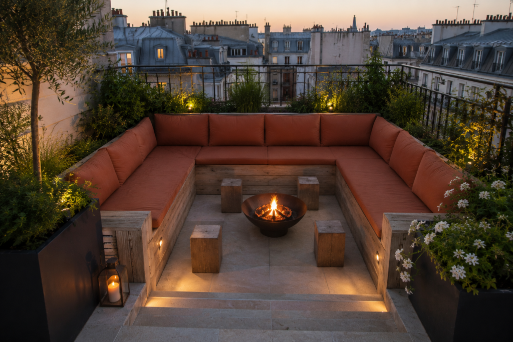 Rooftop parisien avec grande banquette extérieure et coussins terracotta sur mesure