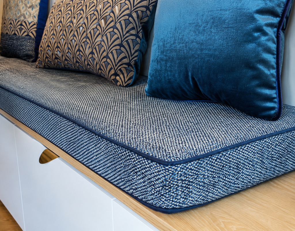 Détail coussin de banquette cuisine sur mesure avec tissu texturé et passepoil