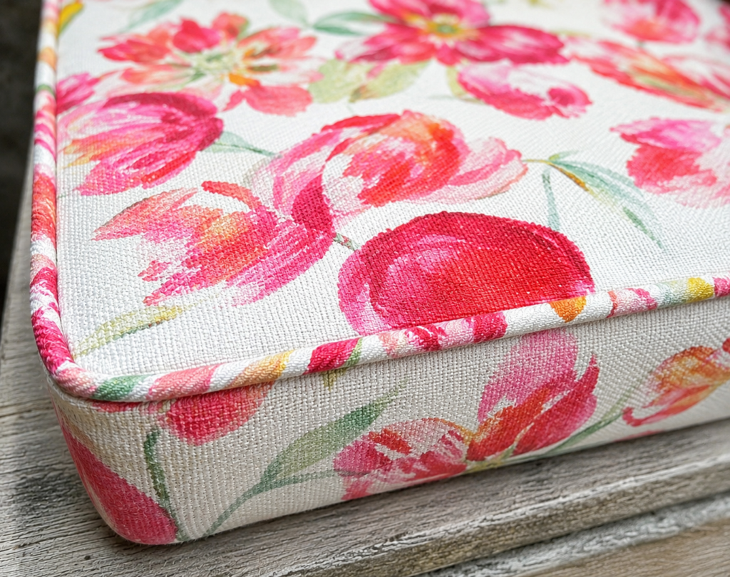 Détail de tissu fleuri et passepoil sur coussin extérieur sur mesure