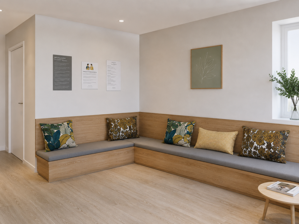 Salle d’attente moderne avec banquette en bois et coussin d’assise gris, décorée de coussins colorés aux motifs végétaux pour apporter de la chaleur sans surcharger l’espace.