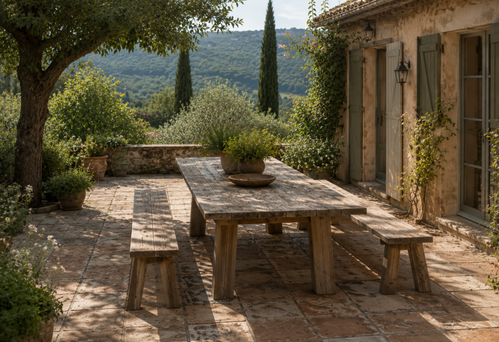 Grande table extérieure avec bancs en bois sans coussins