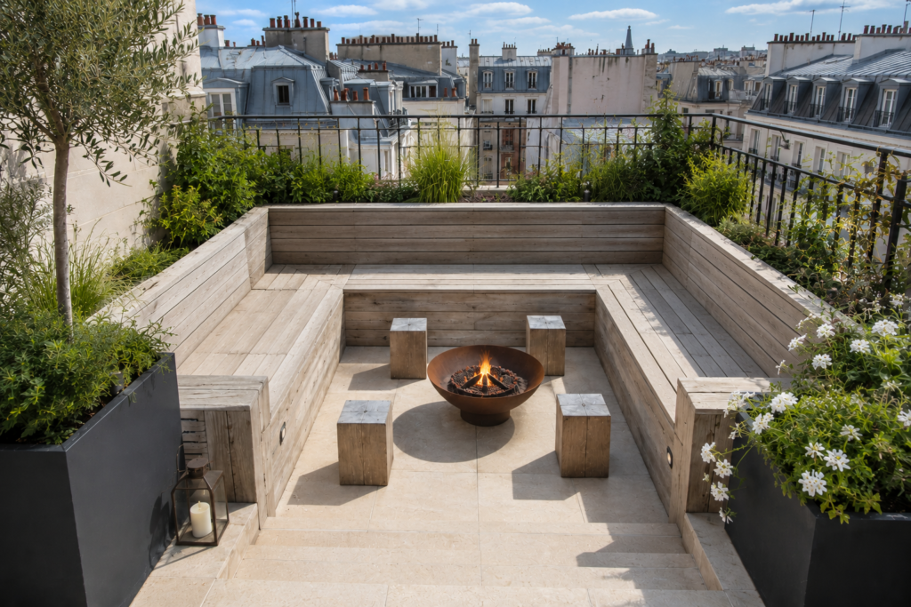 Terrasse rooftop parisienne avec mobilier bois avant installation des coussins